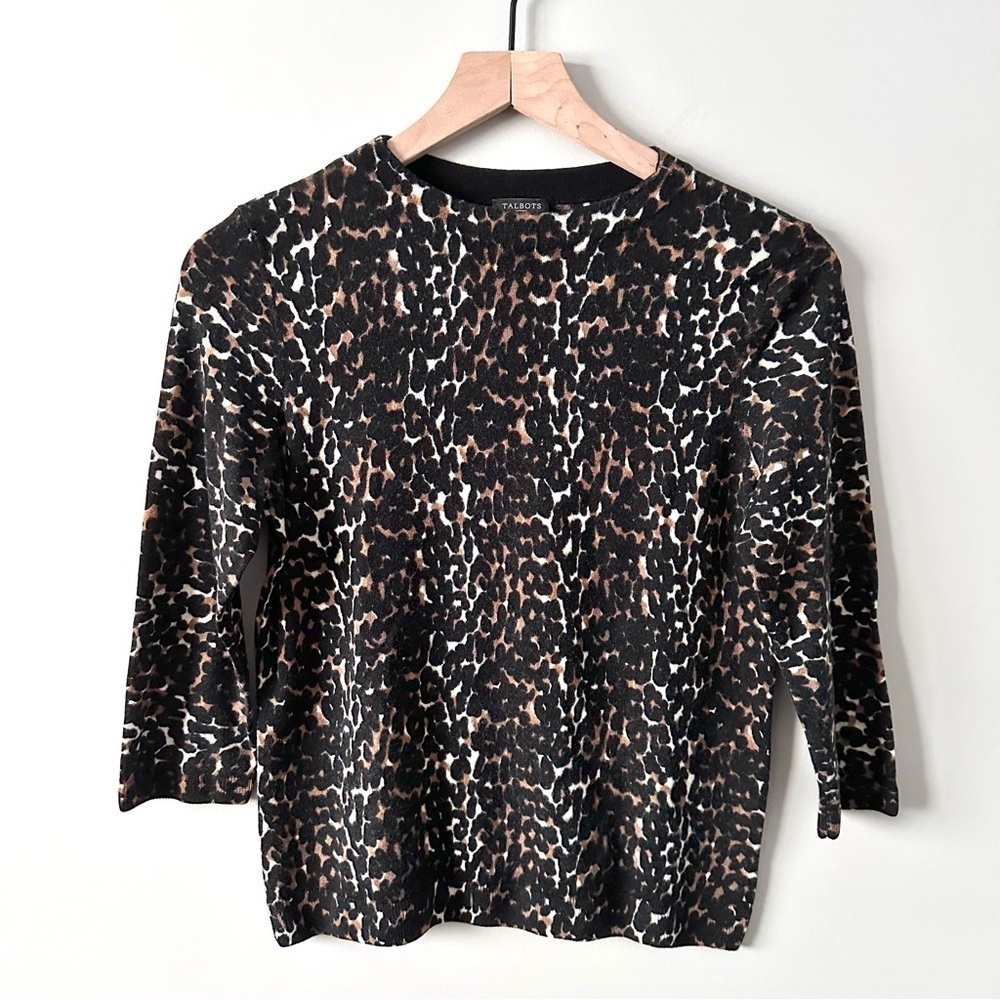 Talbots Women's Size M Petite Animal Print Merino Wool Sweater Leopard Cheetah